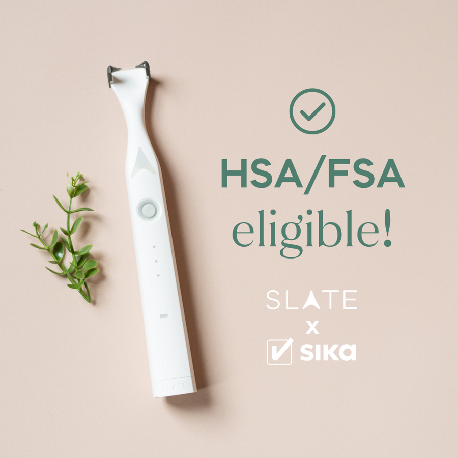 Photo of Slate Flosser and HSA/FSA eligible text with Slate x Sika logo