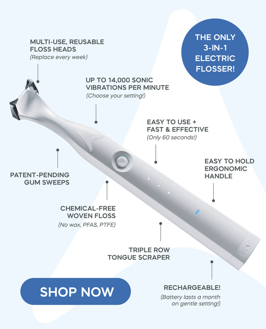 The only 3-in-1 electric flosser recommended by dentists! Multi-use, reusable floss heads. 12,000 sonic vibrations per minute. Easy to use, fast, and effective. Easy to hold ergonomic handle. Patent-pending gum sweeps. Chemical-free woven floss, no wax, PFAS, PTFEs. Triple row tongue scraper. Battery operated AA batteries last 6 months to a year!