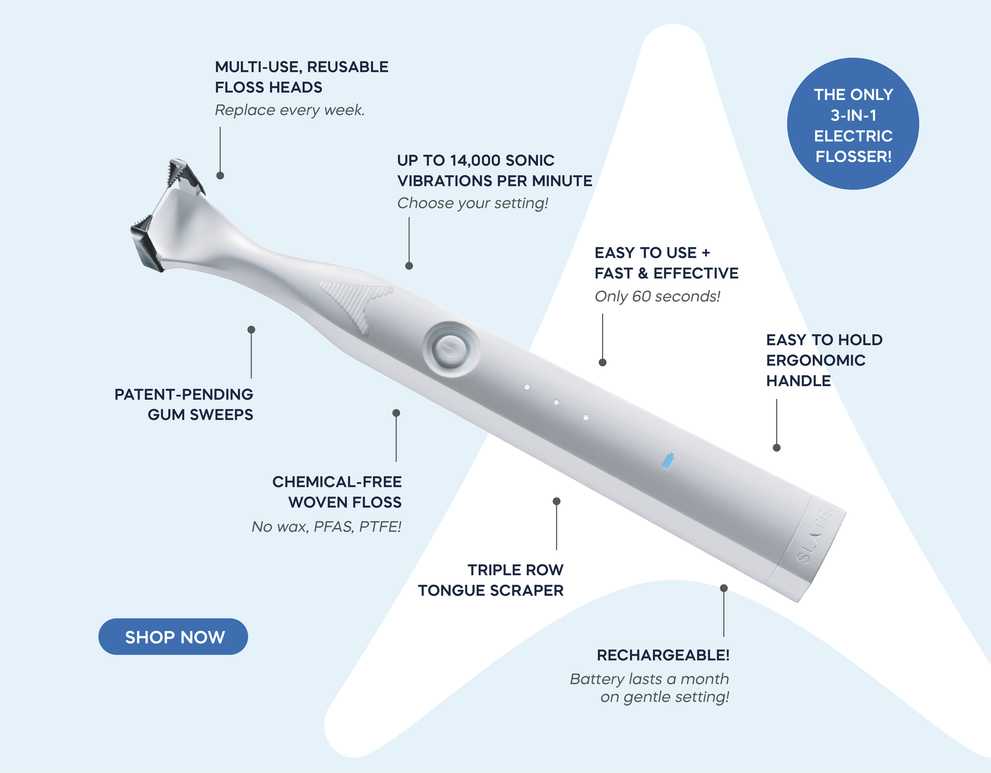 The only 3-in-1 electric flosser recommended by dentists! Multi-use, reusable floss heads. 12,000 sonic vibrations per minute. Easy to use, fast, and effective. Easy to hold ergonomic handle. Patent-pending gum sweeps. Chemical-free woven floss, no wax, PFAS, PTFEs. Triple row tongue scraper. Battery operated AA batteries last 6 months to a year!